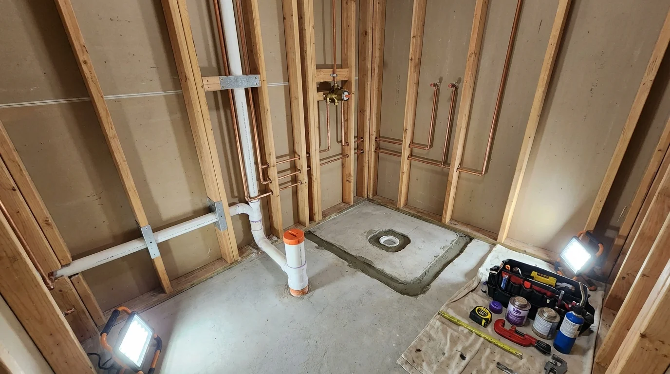 Bathroom rough-in plumbing during remodel by Johns Plumbing LLC in Roseville