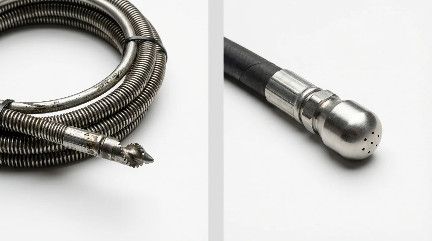 Drain snake cable and hydro jetting nozzle used for drain cleaning in Roseville, OH