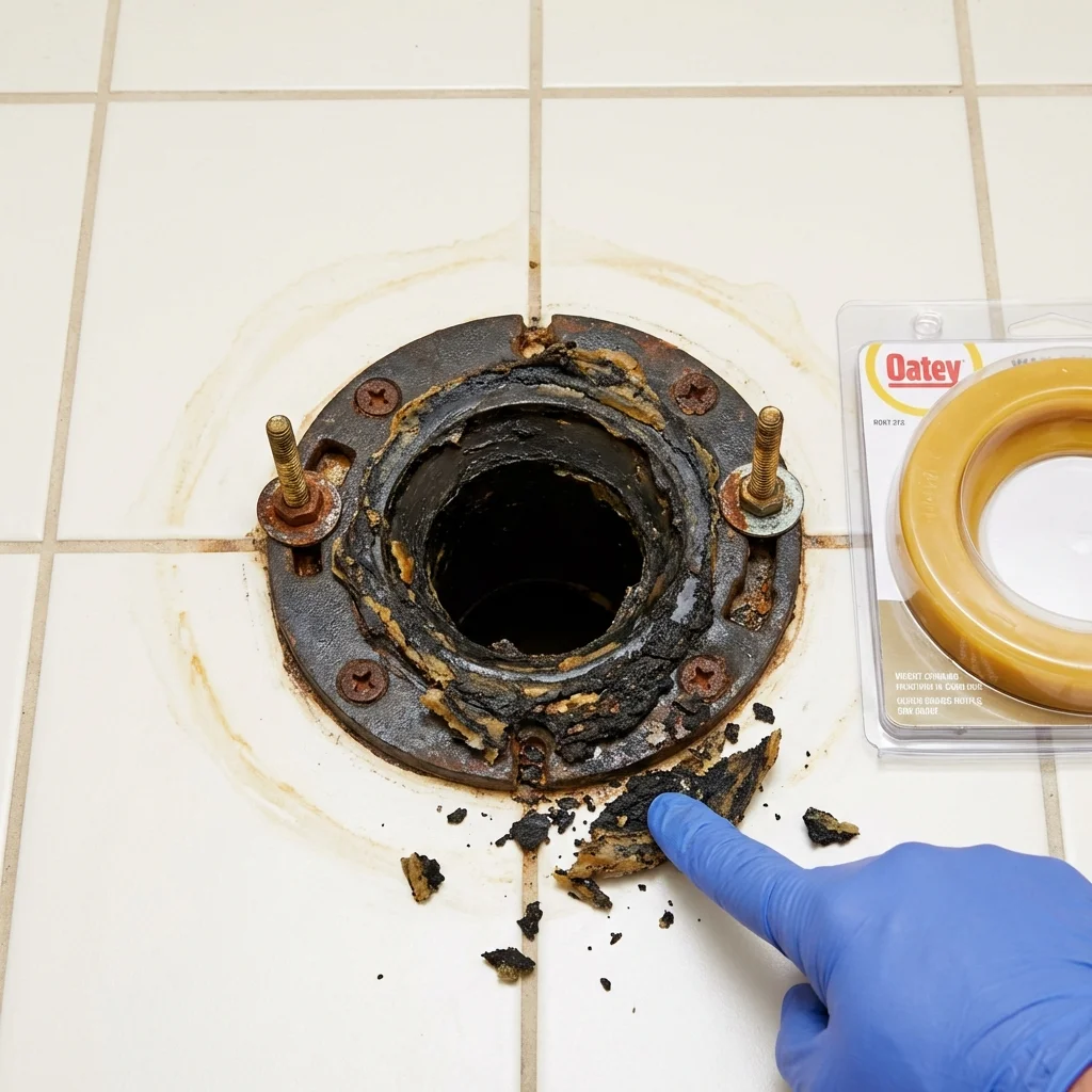 Failed wax ring showing water seepage at the base of a toilet in a Roseville, OH home