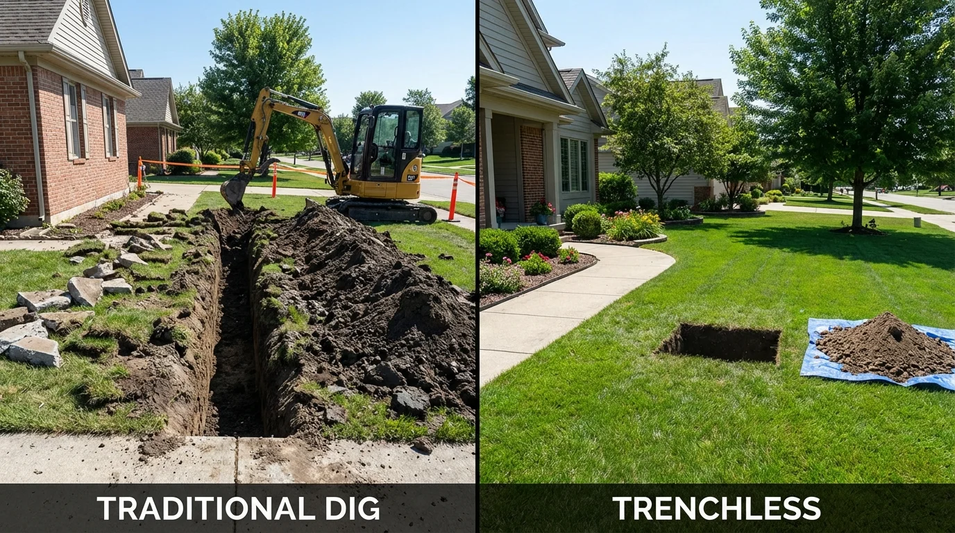 Trenchless sewer repair with minimal yard damage versus traditional excavation in Roseville, OH