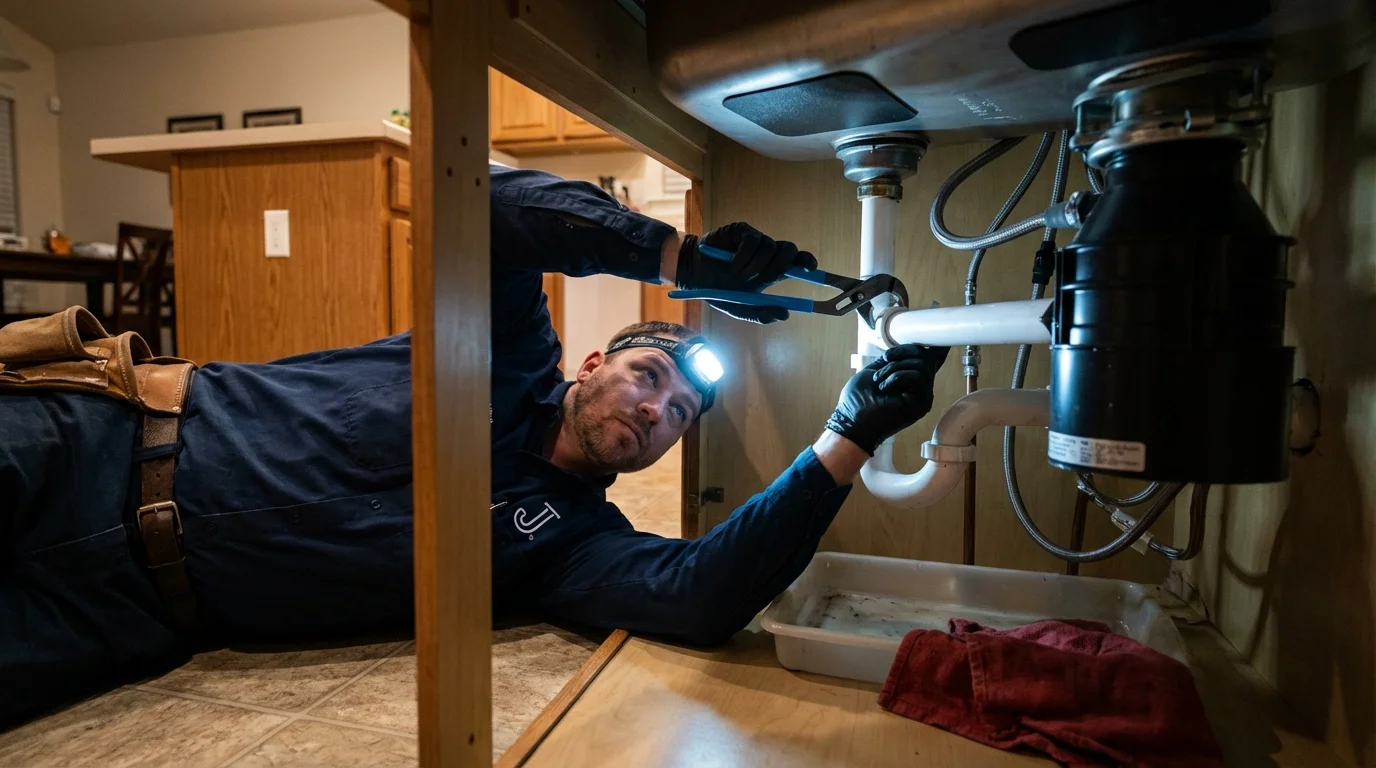 P-trap and supply line connections under a kitchen sink showing a common leak point in Roseville, OH